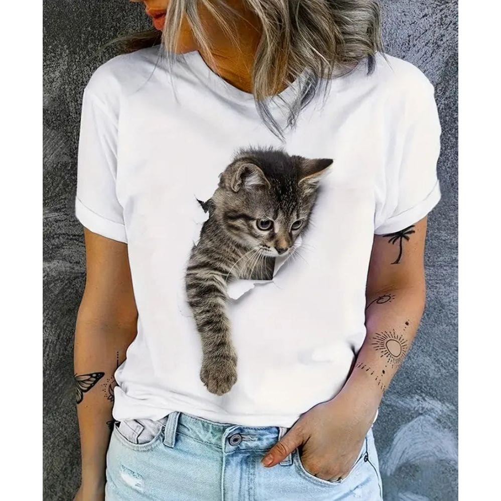 Camiseta Gato 3D em Algodão – Estampa Realista e Confortável para amantes de gato!